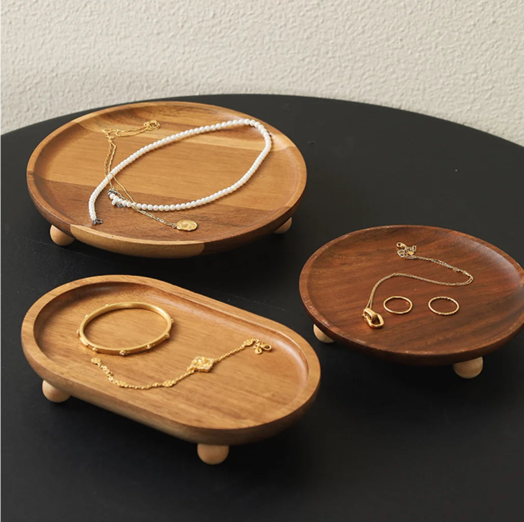 Japanese High Foot Minimalist Wooden Tray Durable Acacia Wood Plant Enamel Color for Home Hotel Dessert Tea Breakfast Serving