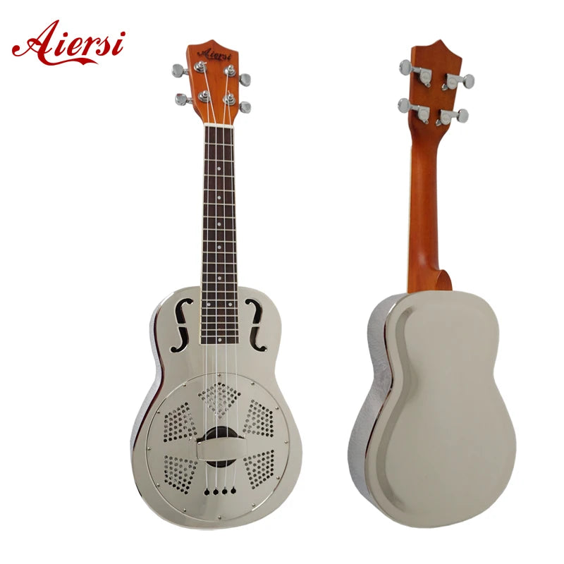 Aiersi Brand F Holes Resonator Ukulele 24 Inch Concert Ukelele Metal Brass Body Custom logo Brand String Music Instrument