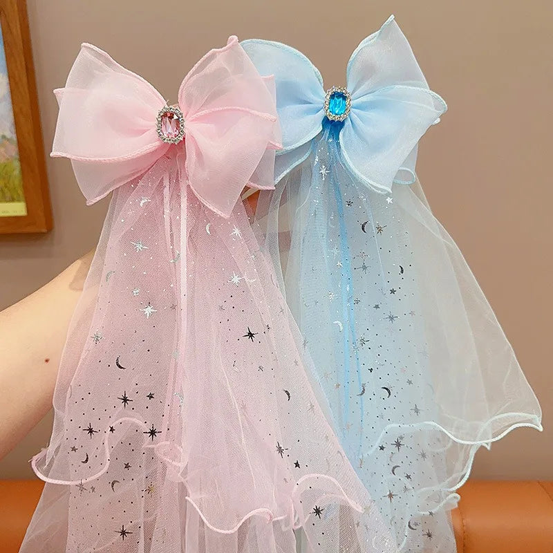 Bowknot Princess Aisha European Style Fabric Head Dress Hair Accessories Super Fairy Bright Diamond Floating Yarn Hair Clip