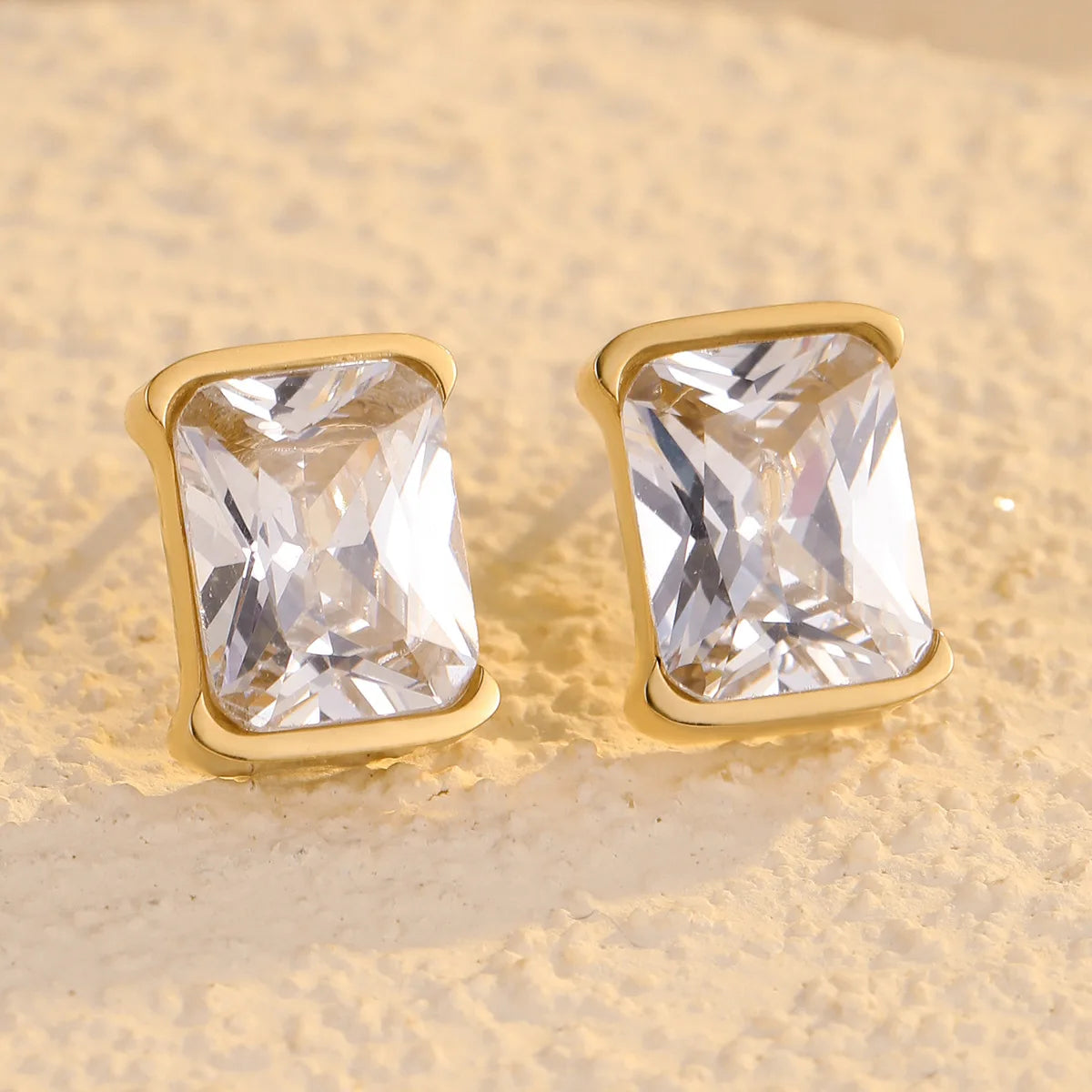 Simple Design 18K PVD Trendy Daily Jewelry Delicate AAA Cubic Zirconia Stainless Steel Square Stud Earrings for Women Gift