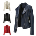 2024 Spring Autumn Women Lady PU Jacket Coat Lapel Stand Collar Slim Leather Thin Long Sleeve Zipper Cool Casual Short Jacket