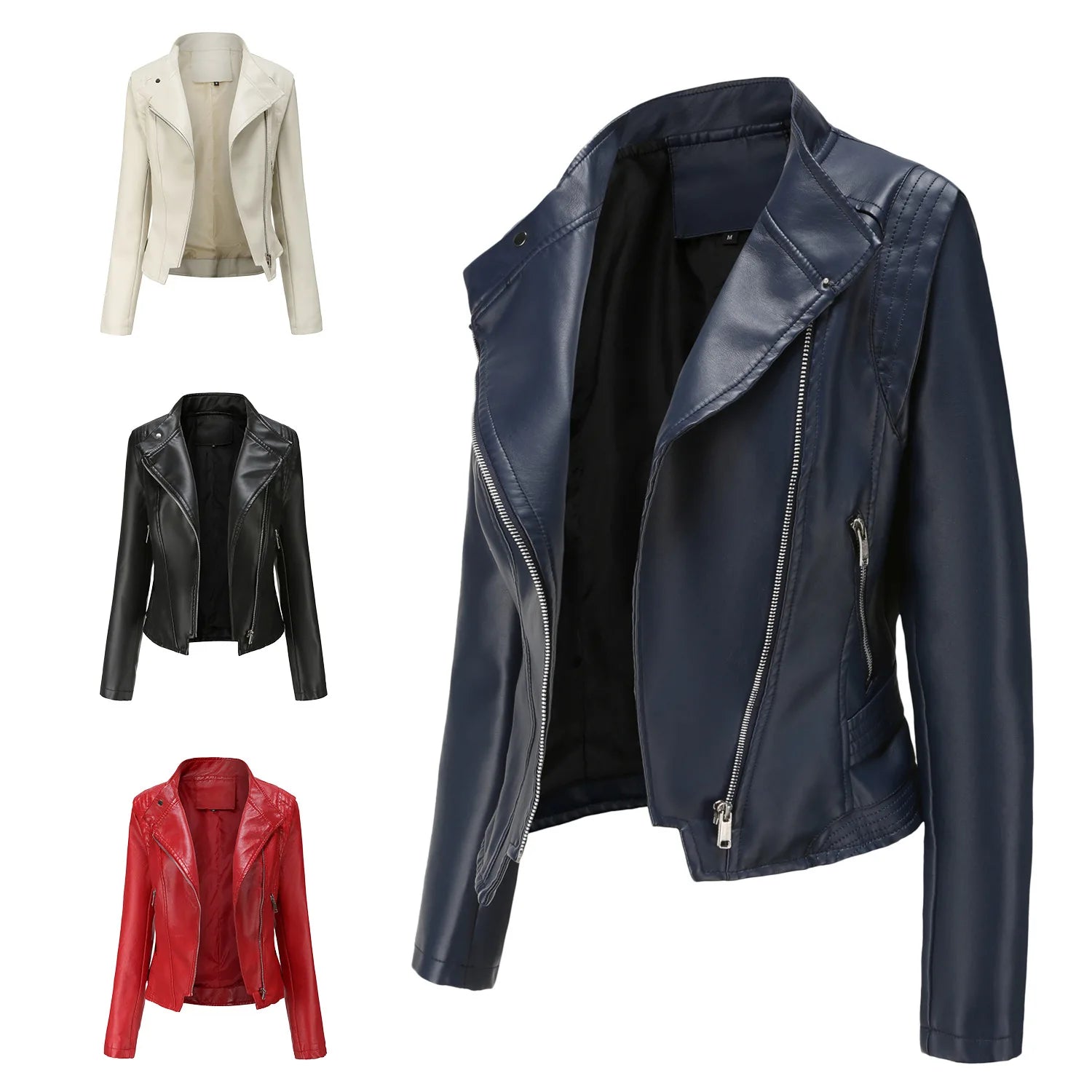 2024 Spring Autumn Women Lady PU Jacket Coat Lapel Stand Collar Slim Leather Thin Long Sleeve Zipper Cool Casual Short Jacket