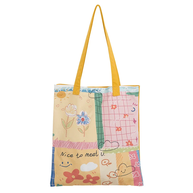Eco-friendly Custom Logo Cotton Tote Bag Reusable Bohemian Style Calico Shopping Hand Shopper White Embroidery Promotional Gift
