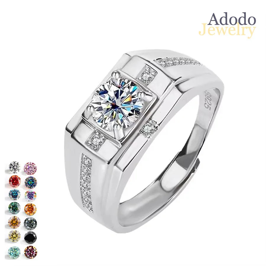 Fine Jewelry S925 Silver White Gold Plated Adjustable Jewelry Round Cut VVS Colorful Moissanite Statement Rings for Men