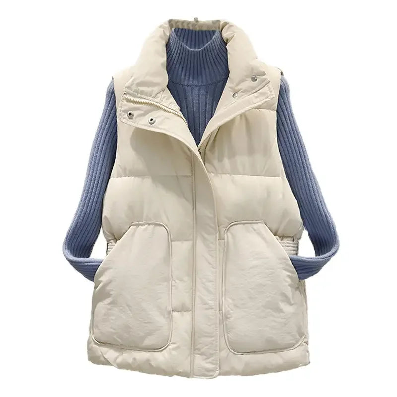 Autumn Winter Women's Padded Vest Sleeveless Solid Color Button Zipper Korea Causal Pockets Outside Waistcoat (only Vest )