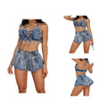 New Summer Women's Casual Denim Set Halter Tube Top Pleated Hot Shorts Solid Pattern Washed Techniques 2-Piece Shorts Set