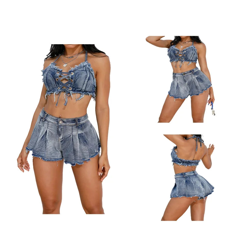 New Summer Women's Casual Denim Set Halter Tube Top Pleated Hot Shorts Solid Pattern Washed Techniques 2-Piece Shorts Set