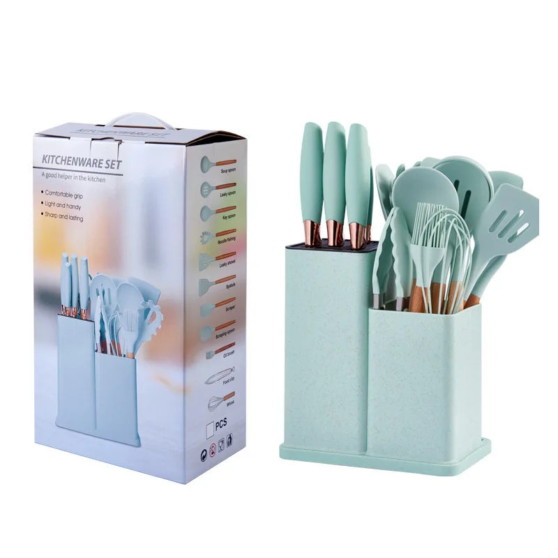 19-Piece Kitchen Tools Set Wooden Handle Spatula & Heat-Resistant Silicone Cooking Utensils with Holder