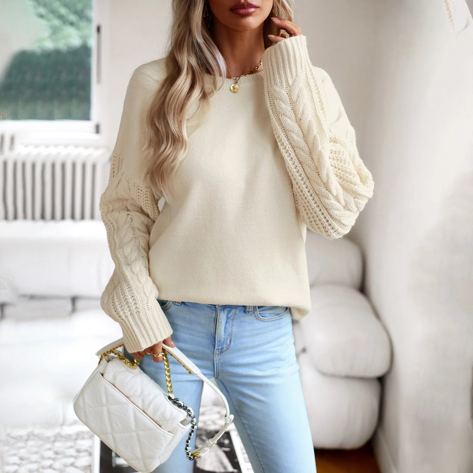 Round Neck Pullover Sweater for Women's Autumn and Winter Women's Long Sleeved Knitted Sweater Solid Color Top