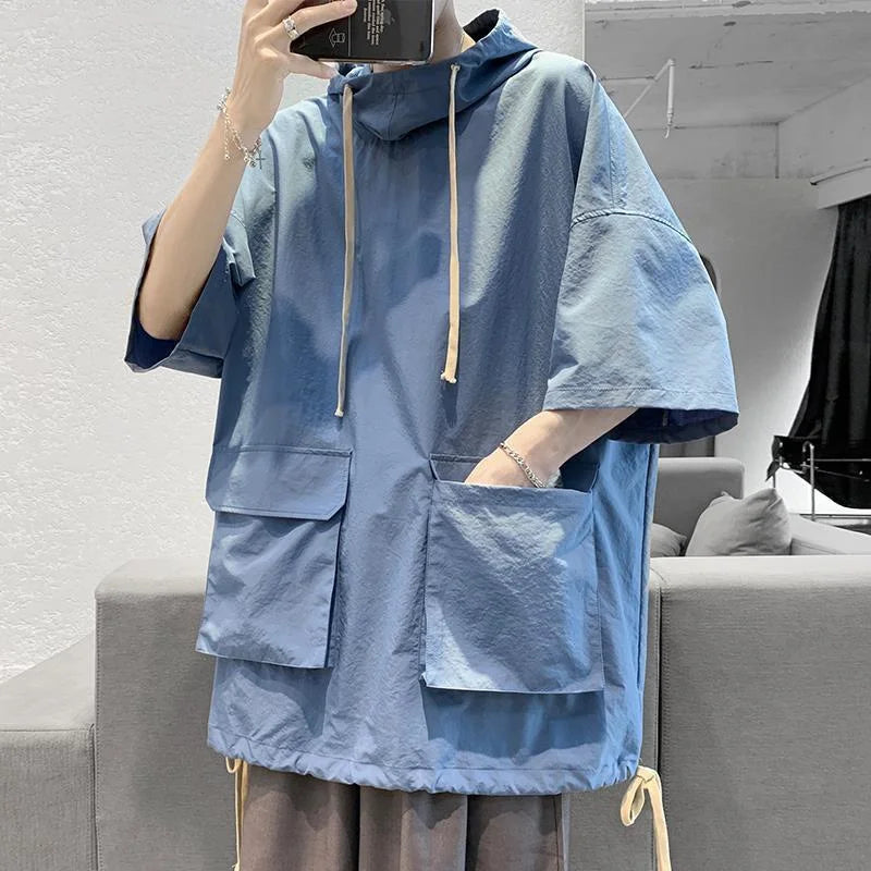 Custom Logo Solid Loose Half Sleeve Summer Drawstring Hooded Pocket Casual Cropped t Shirt Men