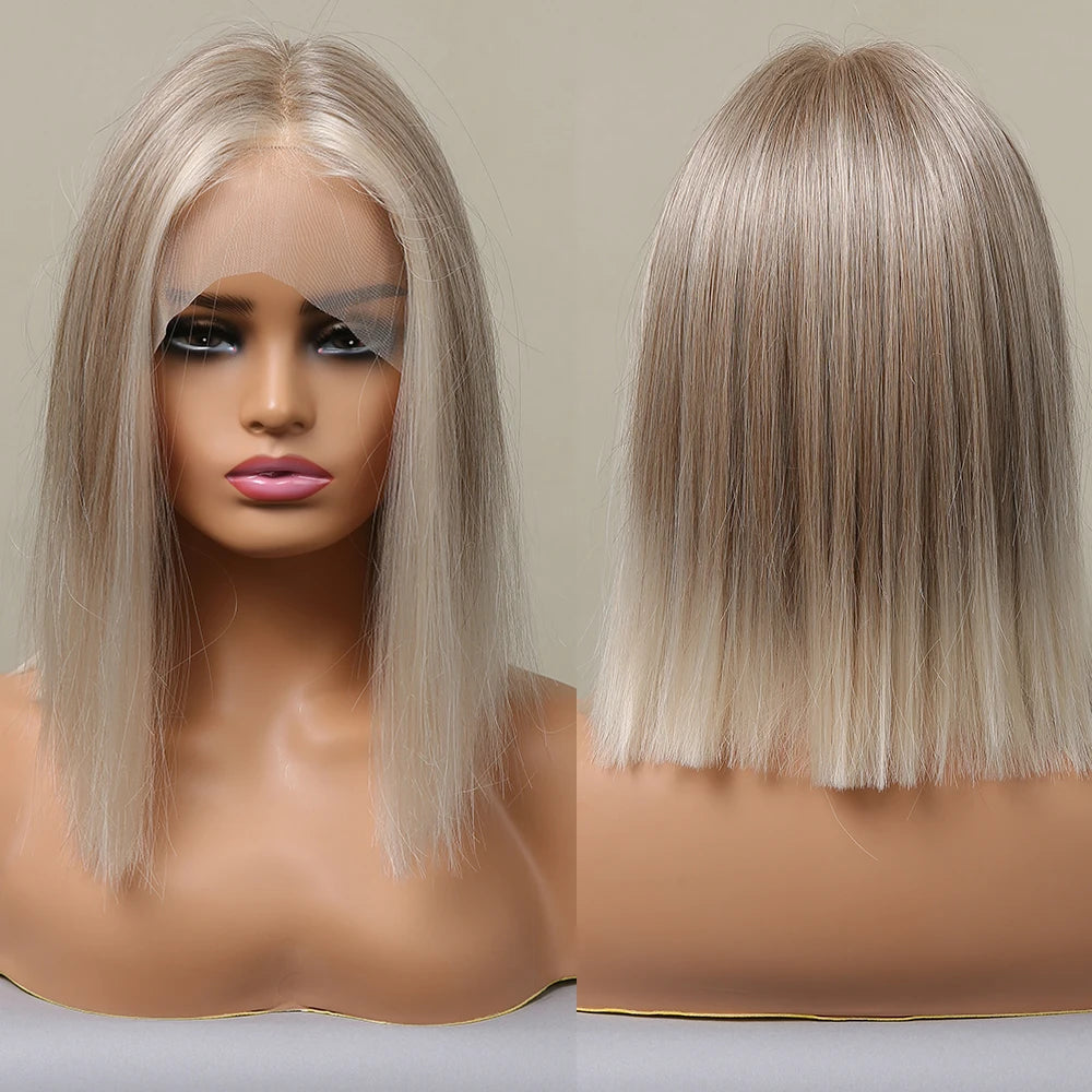 One for Delivery Ash Grey Synthetic Lace Front Wigs for Women Afro Natural Hair Bob Wig Straight Blonde Highlight Lace Wig