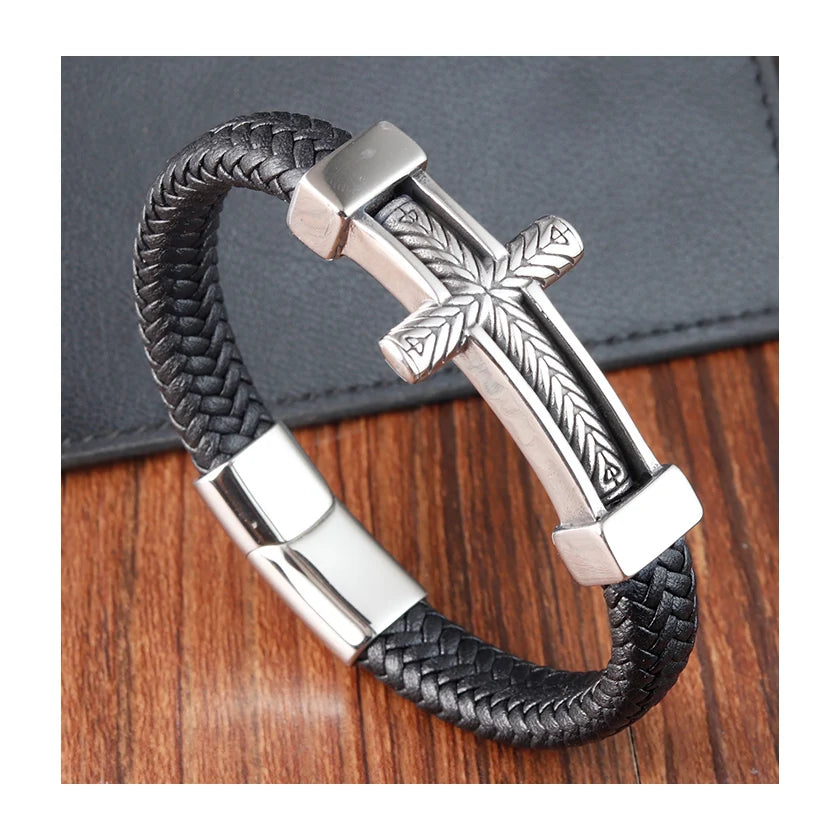 New Arrival Trendy Men Vintage Titanium Steel Cross Leather Bracelet for Male Gift Wristband Christian Jewelry
