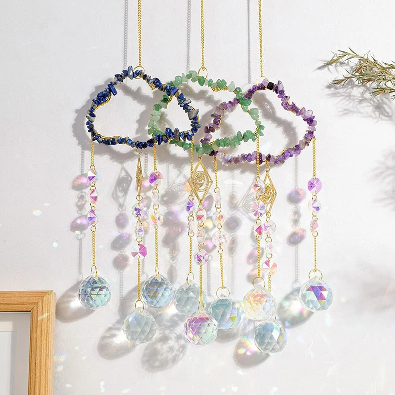 Natural Crystal Chip Cloud Sun Catcher Raw Stone Handmade Folk Art Wind Chime Pendant Garden Lamp Ornament Wedding Gift