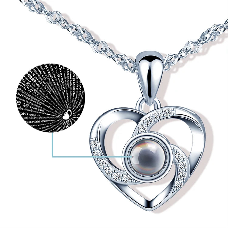 100 Languages "I Love You" S925 Silver Zircon Projection Necklace Hollow Heart Valentine Gift