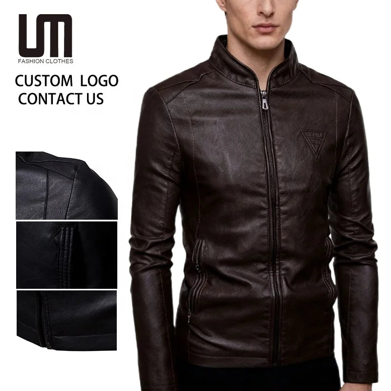 Custom Logo Wholesale Autumn Winter Fashion Trending Men Clothing Casual Stand Collar Motorcycle Leather Jacket Plus Size Coat