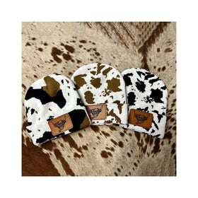 Wholesale Western Hats Highland Cow Print Jacquard Beanie Custom Hat Tag Cowhide Winter Beanies Hat
