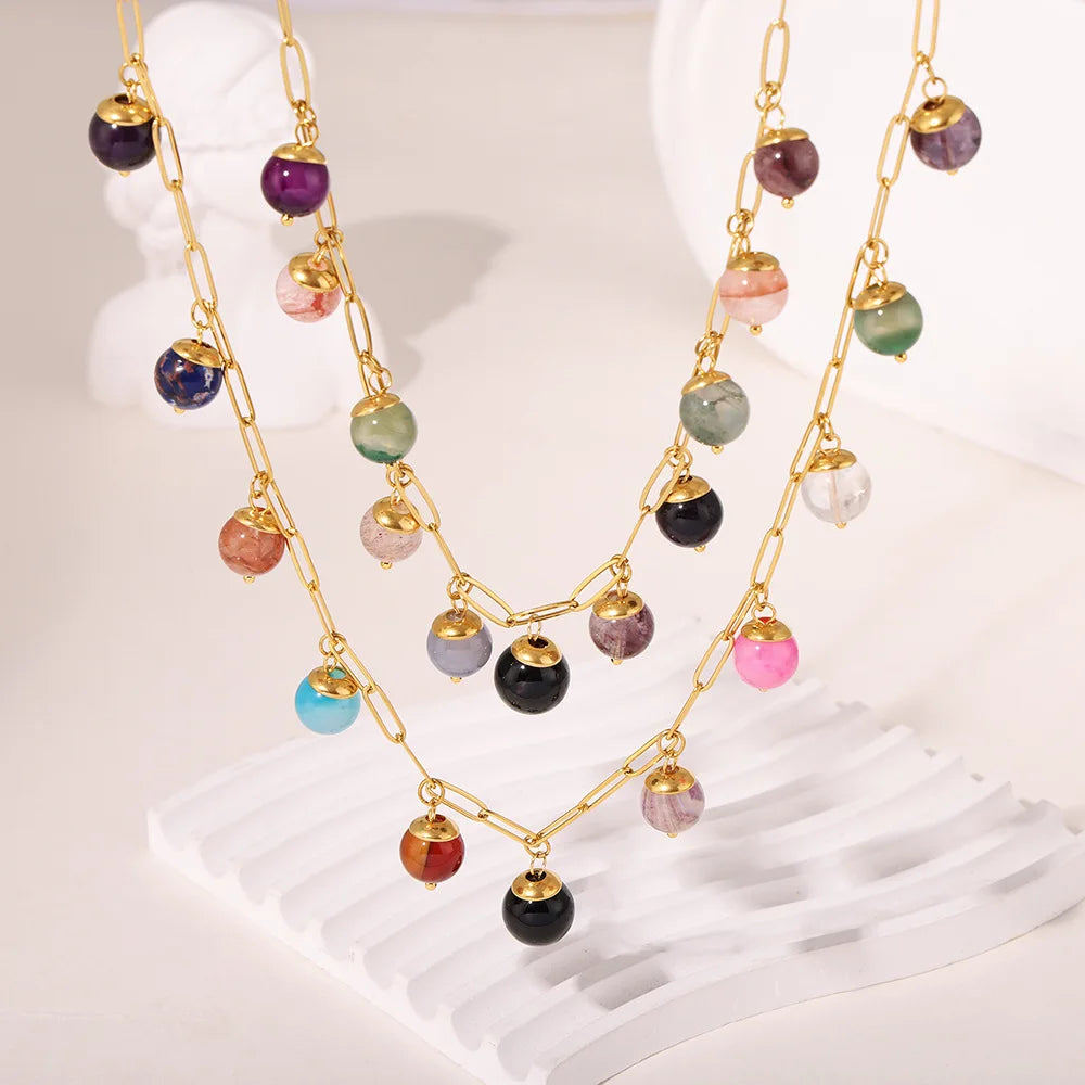 Retro Style Stainless Steel Gold Plated Colored Natural Stone Tassel Pendant Sweater Chain Necklace for Women