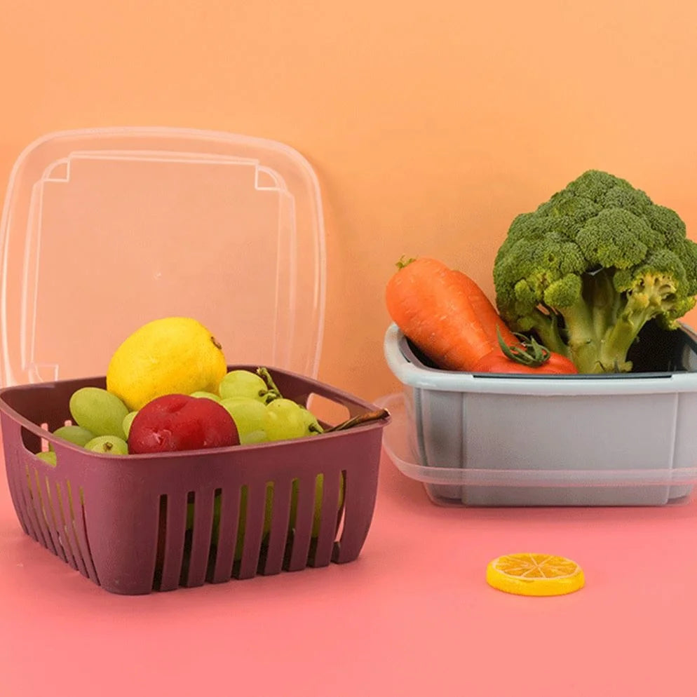 Simple and Fashionable Multifunctional Double-layer Drain Basket with Lid Creative Kitchen Crisper Plastic Fruit Storage Basket