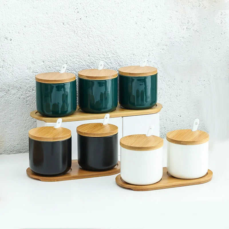 Kitchen Seasoning Porcelain Storage Bottles & Jar Sets With Bamboo Lid Seasoning Pot Ceramic Spice Jar