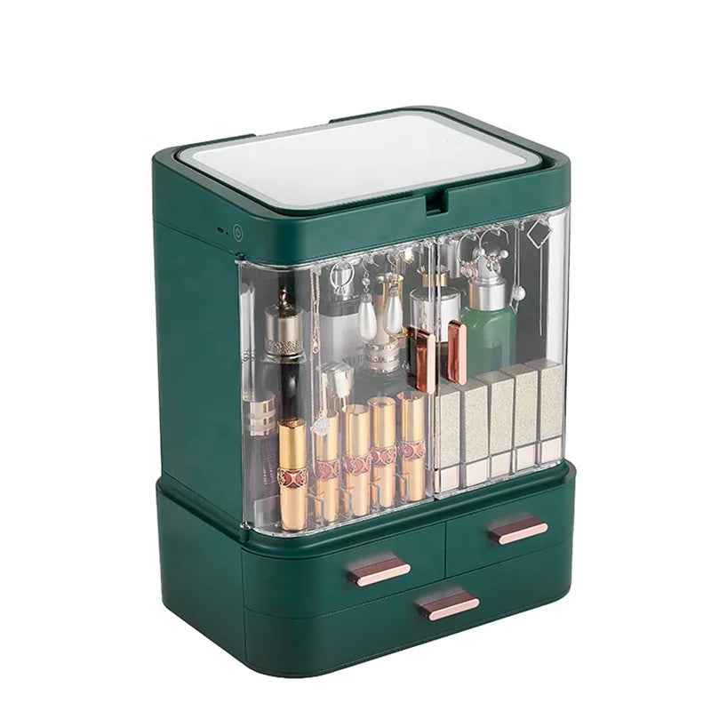 Plastic Bathroom Skincare Storage Box Brush Lipstick Holder Clear Cosmetic Makeup Organizer with Drawers and Mirror