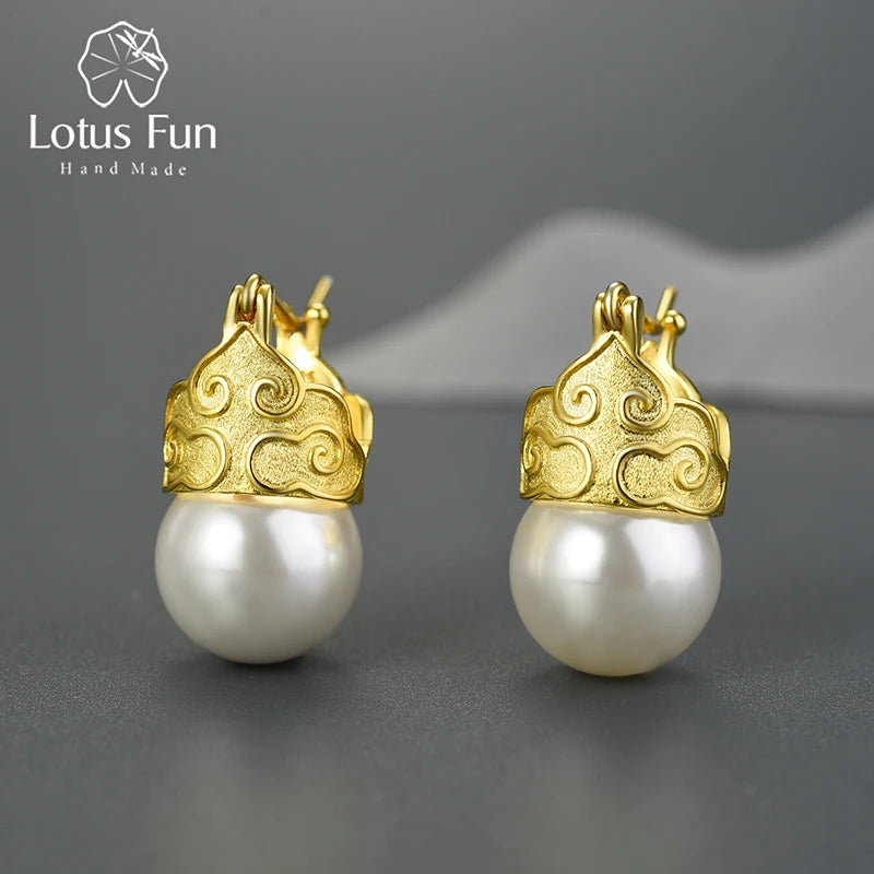 Lotus Fun Vintage 7 9 18K Gold Plated 925 Sterling Silver Sea Shell Earrings Handmade Designer for Women Fine Jewelry