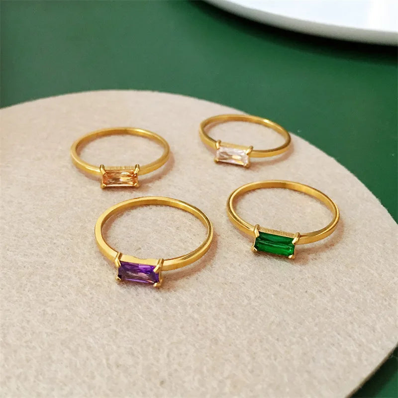 Wholesale Stainless Steel Jewelry 18k Pvd Gold Plated Dainty Colorful Rectangle Zircon Rings Arnish Free Jewelry YF3162