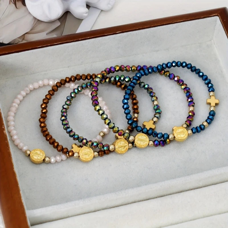 Hot Selling Bohemian Style Cross Crystal Colored Beads Stretch Bracelet for Women Gift