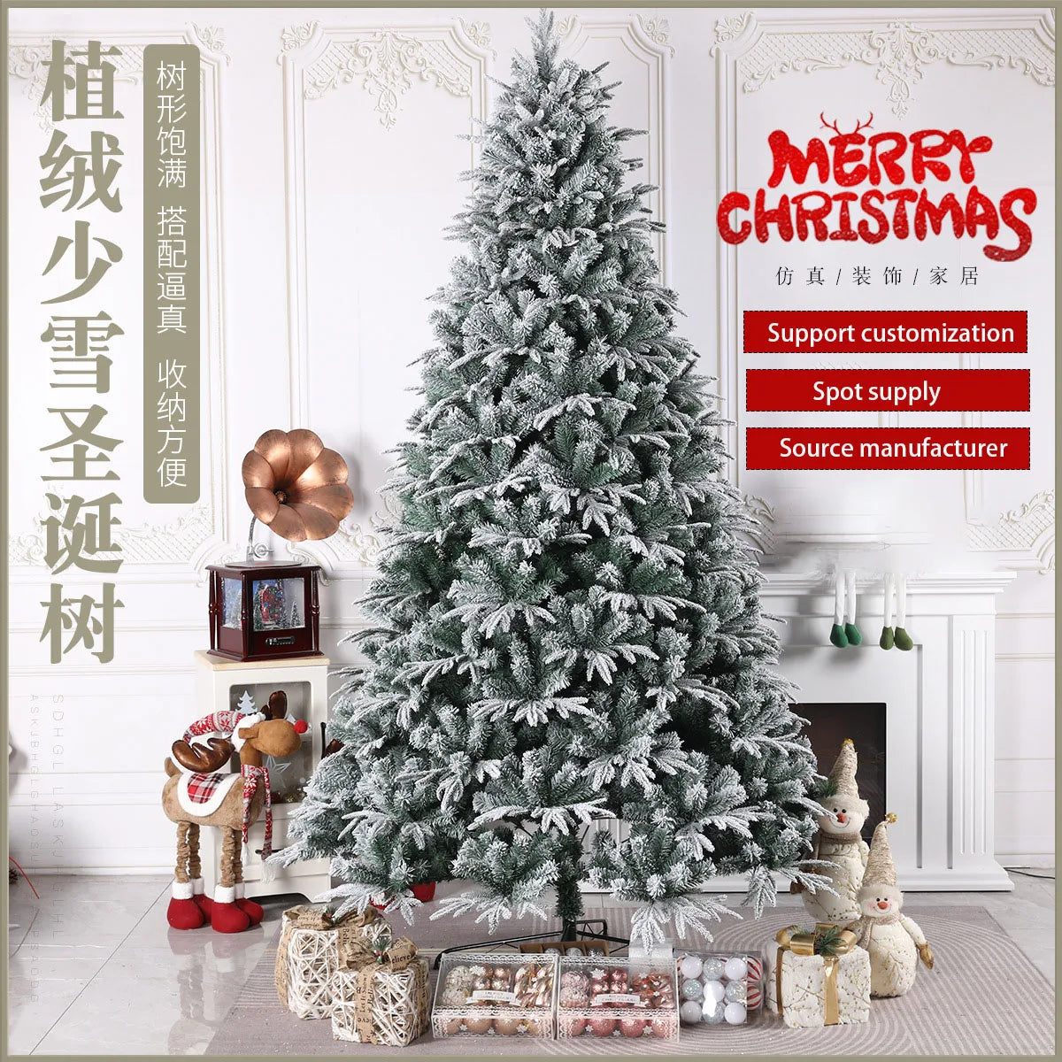 Hot Selling 7 Feet Snow Flocked Premium Spruce Hinged Artificial Christmas Tree 750 Branch Tips With Pine Cones Red Berries
