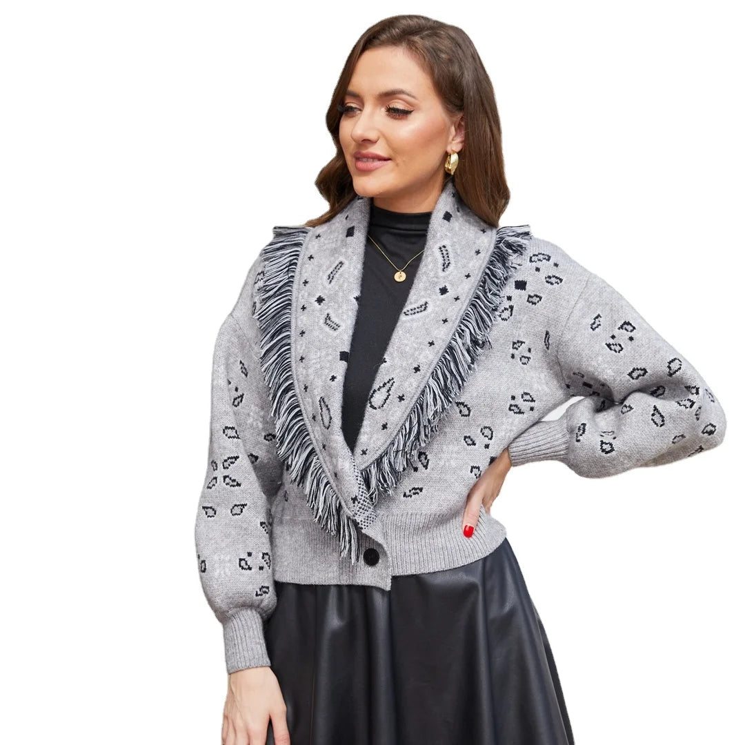 Autumn New Fashion Long Sleeves Tassel Turn Down Collar Fitting Sweater Short Cardigan For Women