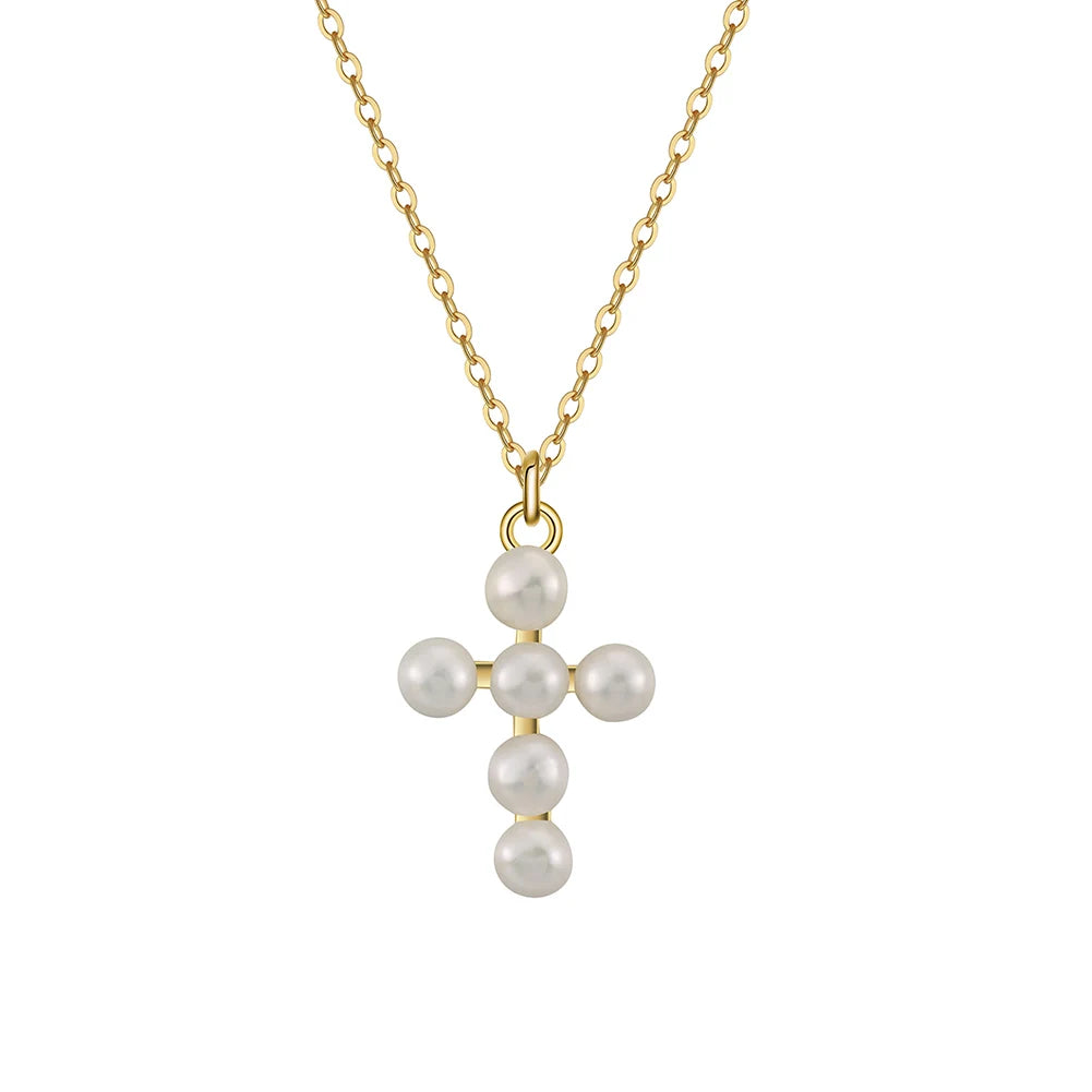 925 Sterling Silver Cross Pendant Necklace Gold Plated Freshwater Pearl Link Chain for Women Adjustable Gift Fine S925 Jewelry