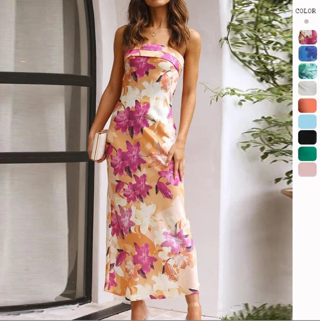 European and American 2024 Spring/Summer New Style Satin Open Back Bra Printed Dress