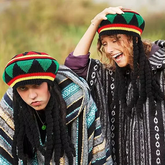 Popular Jamaican Rasta Caribbean Dreadlocks Wig Hat Marley Fancy Dress Hat Black Long Hair Braid Beret Black Wig