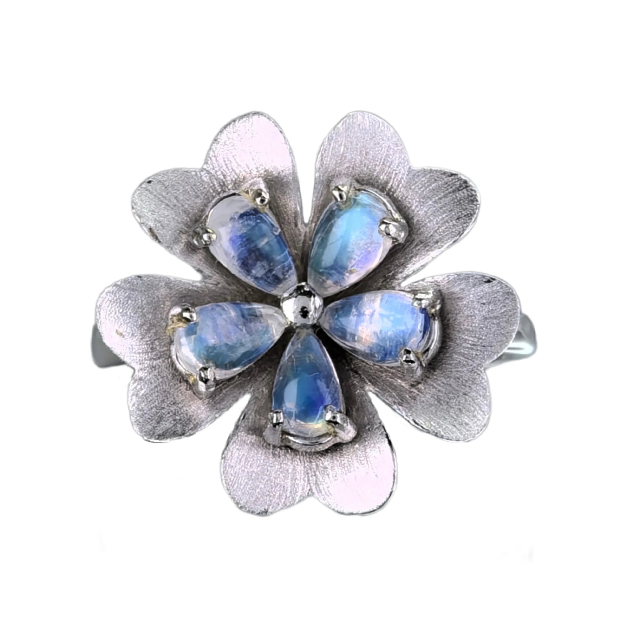 Elegant 925 Silver Jewelry Rhodium Plated Natural Moonstone Trendy Flower Gemstone Ring for Women's Wedding Anniversary Gift