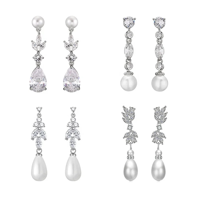 Wholesale Bridal Teardrop Dangle Earrings Cubic Zirconia Pearl Long Design Trendy for Party Wedding Banquet Jewelry for Women