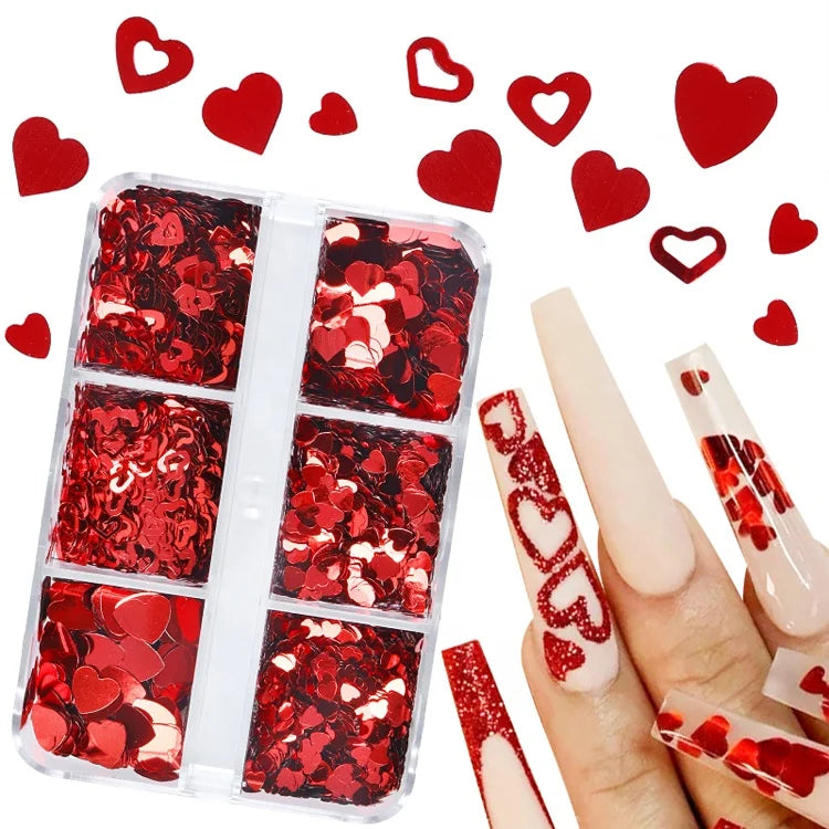 6 Grids Mixed Valentine's Day Nail Art Sequins Shiny Red Love Heart Glitter Laser Design Holographic Leaf Nail Butterfly Sequins