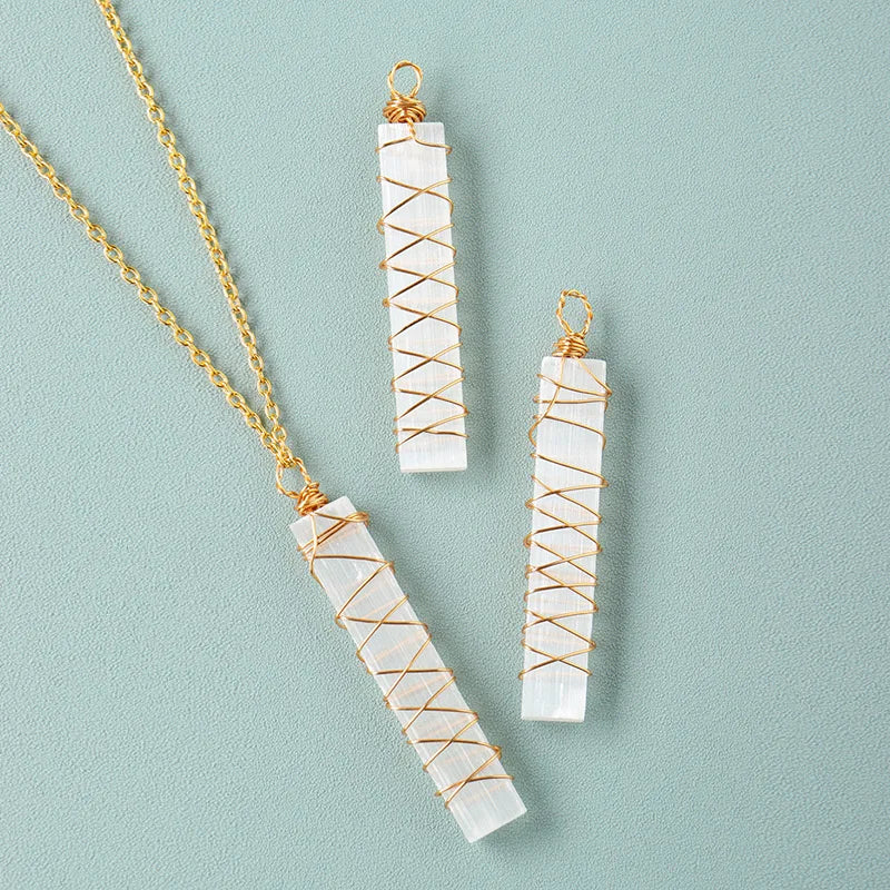 Wholesale Gemstone Charm Necklace Selenite Wire Wrapped Healing Selenite Pendant