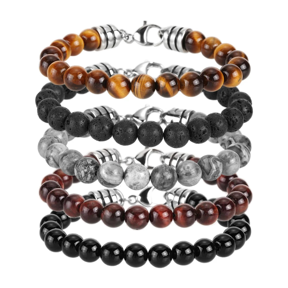Wholesale Fashion Jewelry Stainless Steel Lobster Clasps Elastic Natural Stone Stretch Bead Bracelets for Women Men