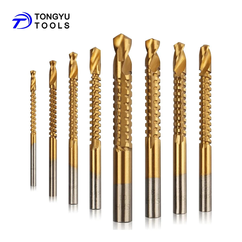 3-13mm Serrated Side Cutting Twist Bit TiN Coated Drill Saw Bit for Wood Plastic Metal Hole Drilling Slotting Trimming Grooving
