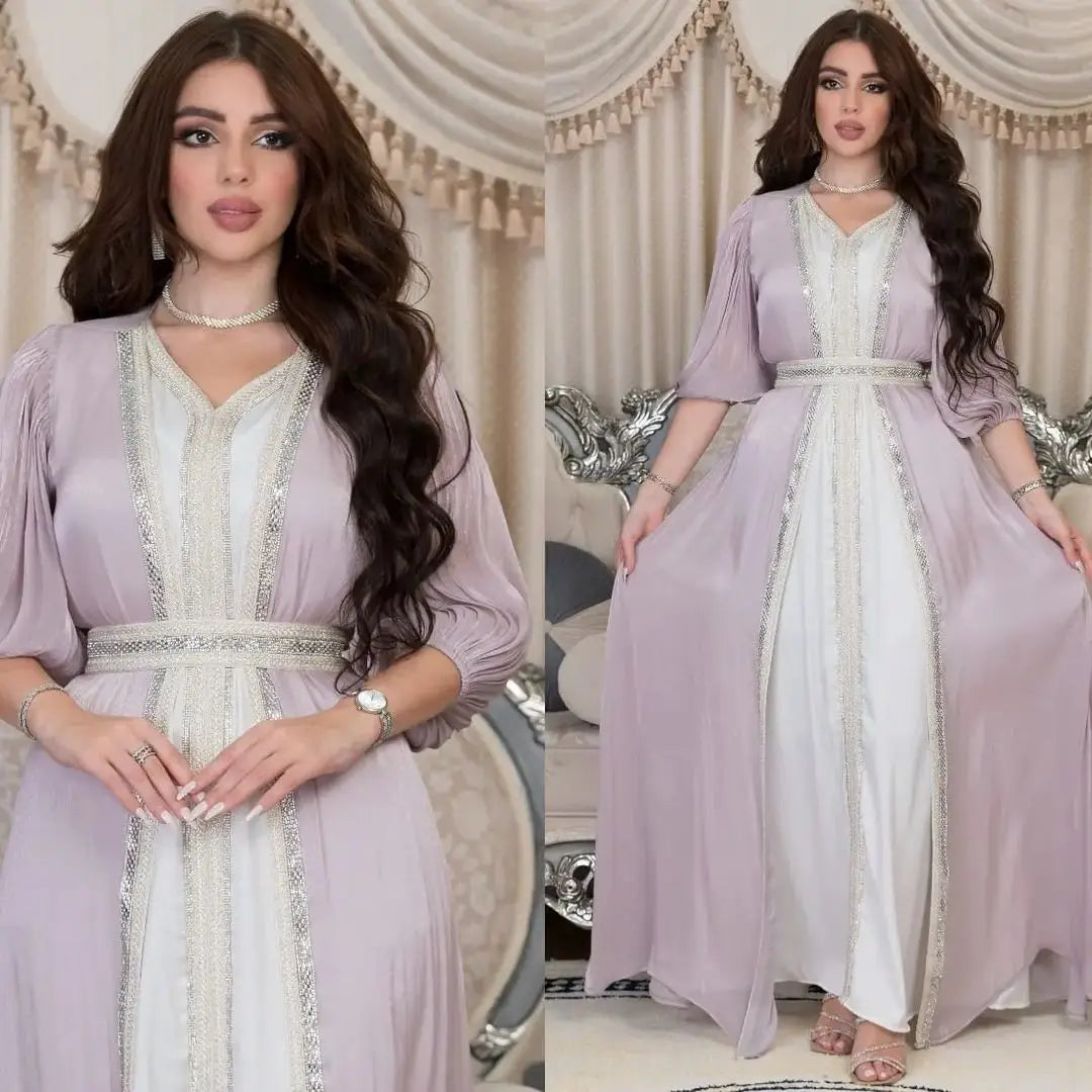 Muslim Women's Hot Diamond Light Luxury Dress Abaya Set Bright Silk Satin Three Piece Dress