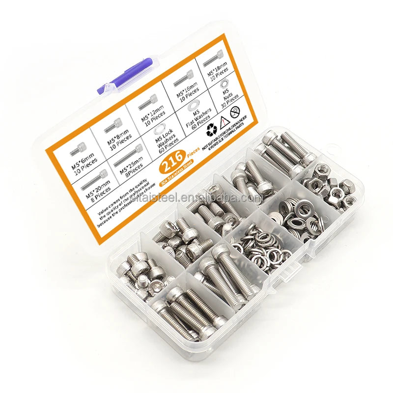 Factory Direct Selling in Stock M5 Bolts Nuts Washer Kit Hexegan Socket Bolts Set with Lock Washers for DIY Installation