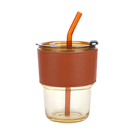 Factory Wholesale Leather Sleeve Custom Glass Tumbler Cups with Lid and Straw