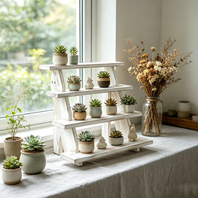 Eco-Friendly Painted Wooden 4-Tier Cupcake Stand Rustic Wood Plant Stand Collectible Display Riser Stand Wooden Tabletop Display