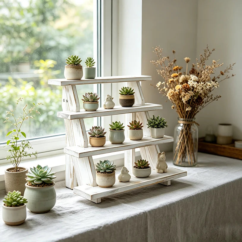 Eco-Friendly Painted Wooden 4-Tier Cupcake Stand Rustic Wood Plant Stand Collectible Display Riser Stand Wooden Tabletop Display