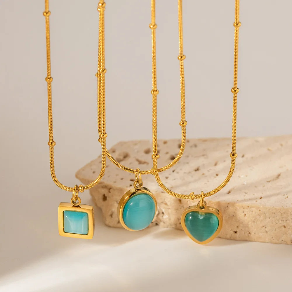 Fashion Square Heart Shaped Circular Blue Opal Pendant Necklace Simple Trend Stainless Steel Waterproof Necklace Opal Jewelry