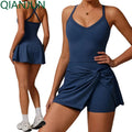 Wholesale Eco Friendly Regeneration Yoga Short Set Golf Sportswear Women Hollow-out Back Tennis Skirt Set