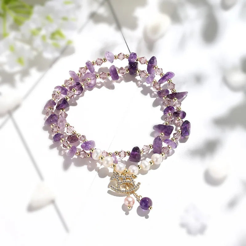 Pink Quartz Chakras Stone Beads Natural Crystal Amethyst Gold Brass Beaded Bracelets Irregularly Shaped Tibetan Buddhism Party