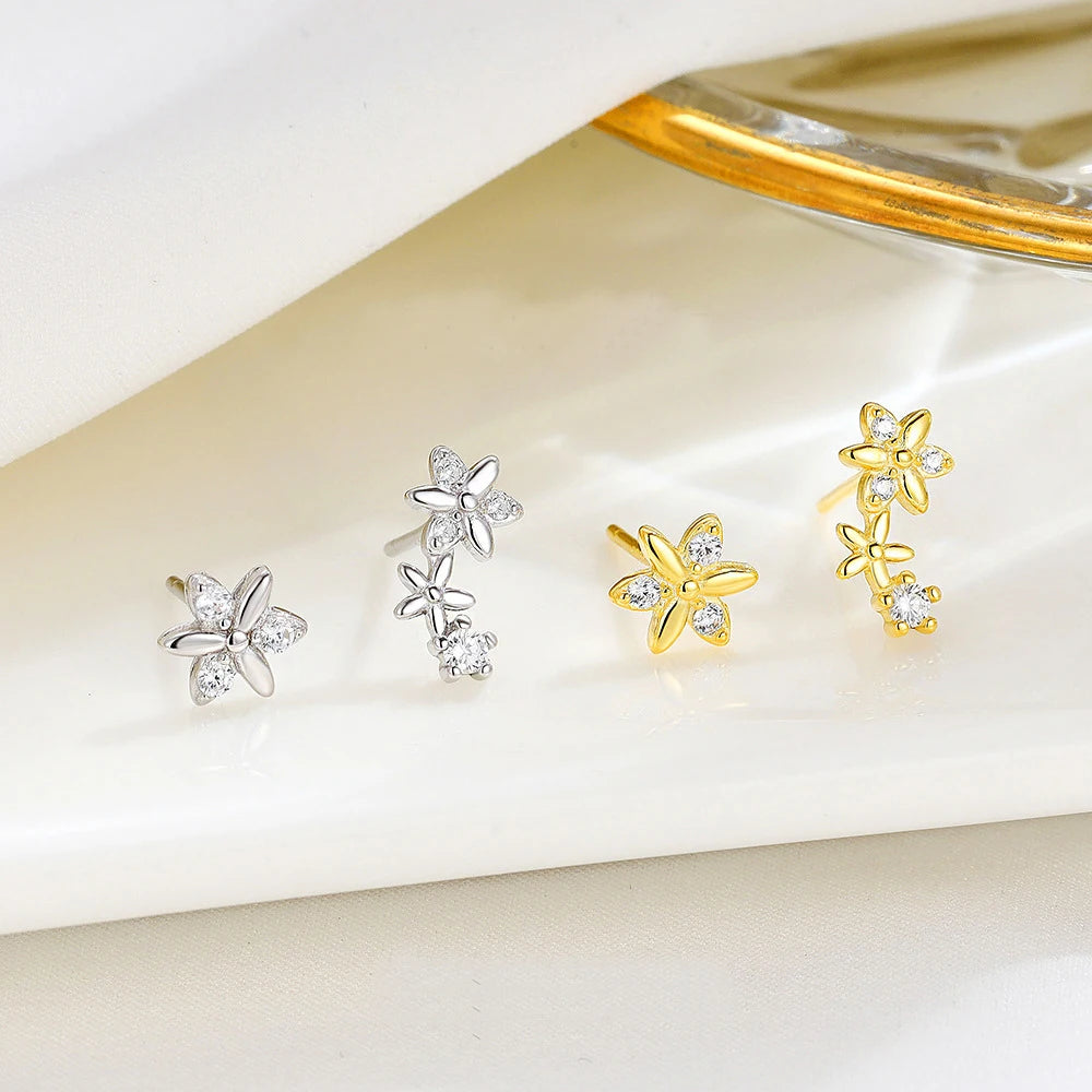 Mini floral asymmetrical 925 sterling silver CZ diamond fashion flower stud earrings for women girls
