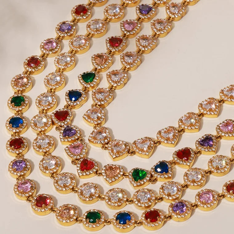 Luxury Stainless Steel Jewelry Set Gold Plated Bling Colorful Zircon Heart Circle Round Splicing Choker Necklace Bracelet Sets