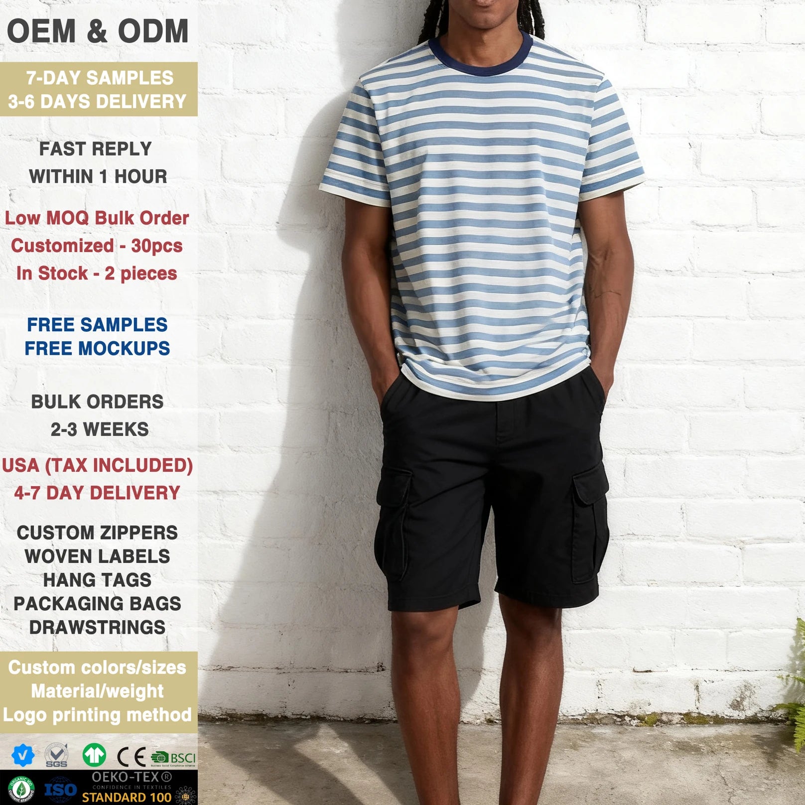100% Cotton Custom  Heavy Fashion Couple Tshirt Stripe Kids Shorts and Tshirt Striped Tshirts Round Neck Short-sleeves T-shirt