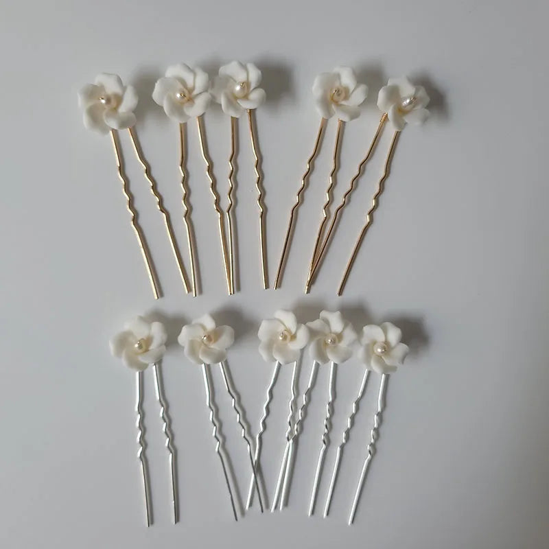 SLBRIDAL Handmade INS Style Pearls Ceram Flower Bridal Hair Pin Set Wedding Hair Sticker Hair Accessories Women Jewelry